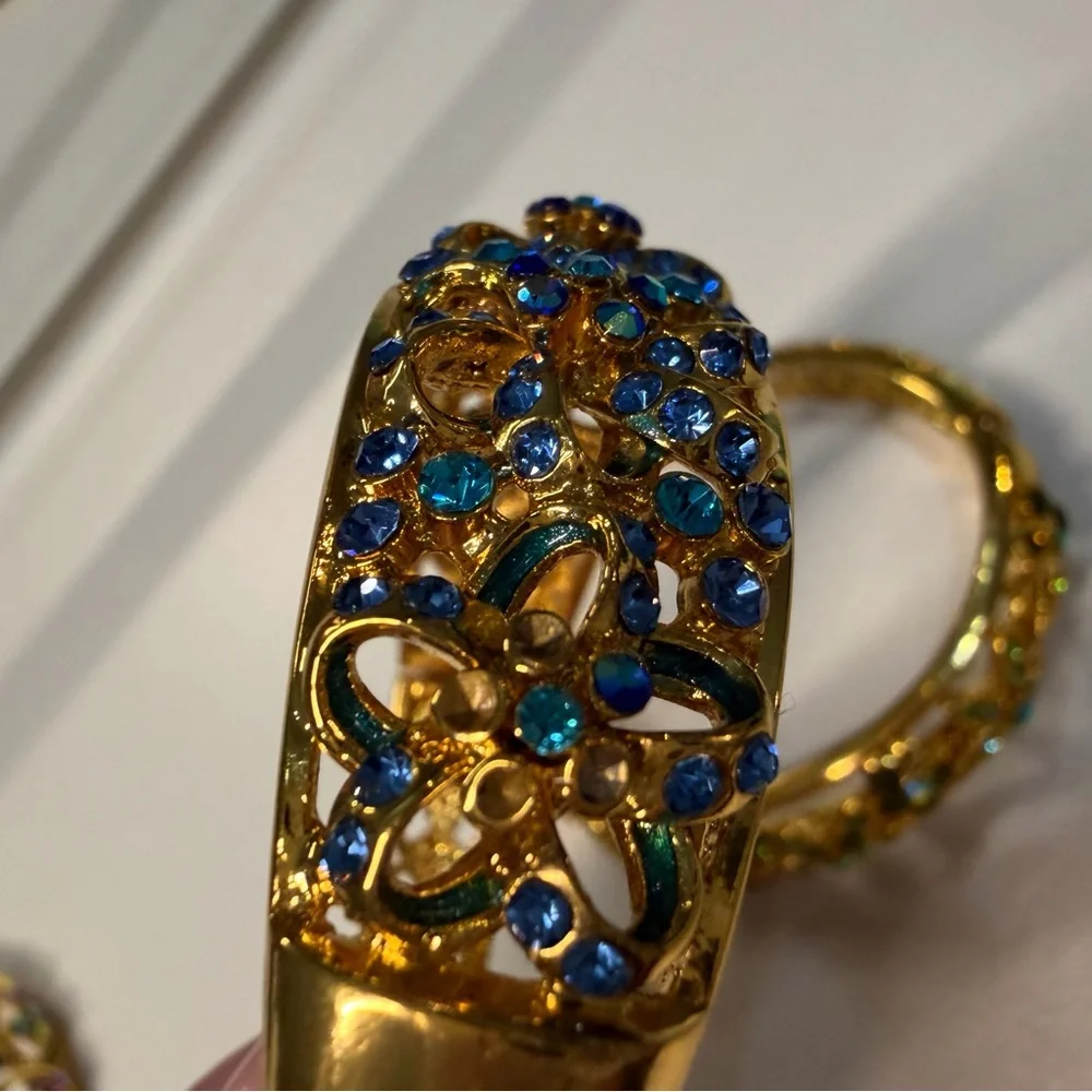 Gold Rhinestone Floral Stackable Multicolor Statement Bangle Bracelet Set